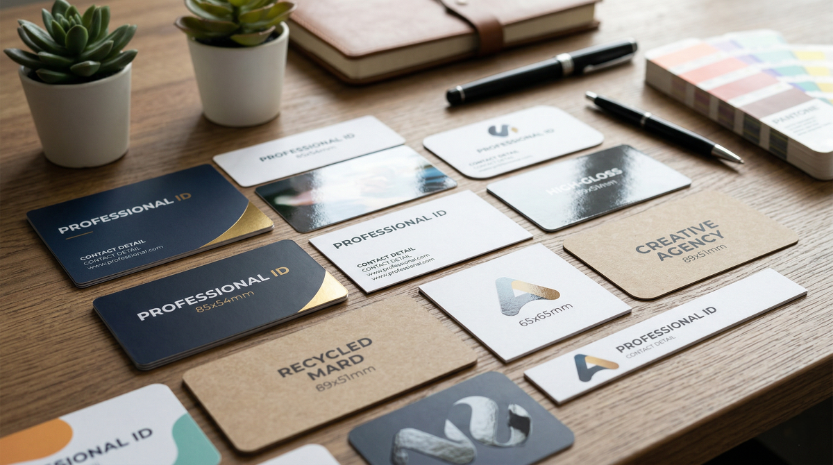 Un gros plan de nombreuses cartes de visite physiques de taille standard et aux finitions variées étalées sur un bureau en bois d'un créateur.